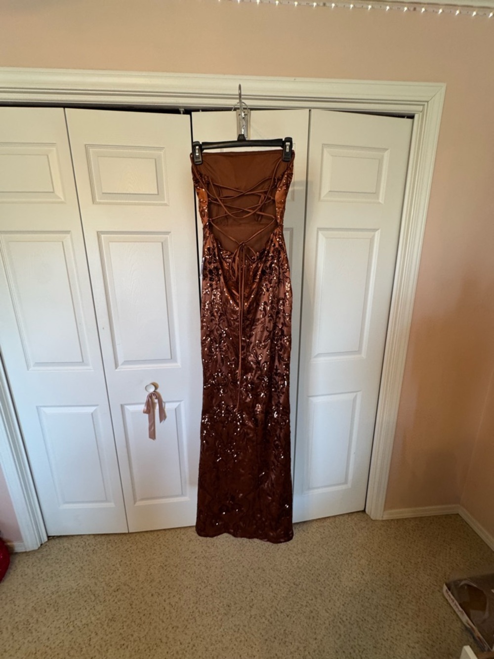 Strapless Sequin Evening Gown in Copper Brown